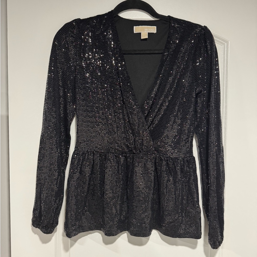 Michael Kors Black Sequin Wrap Peplum Blouse